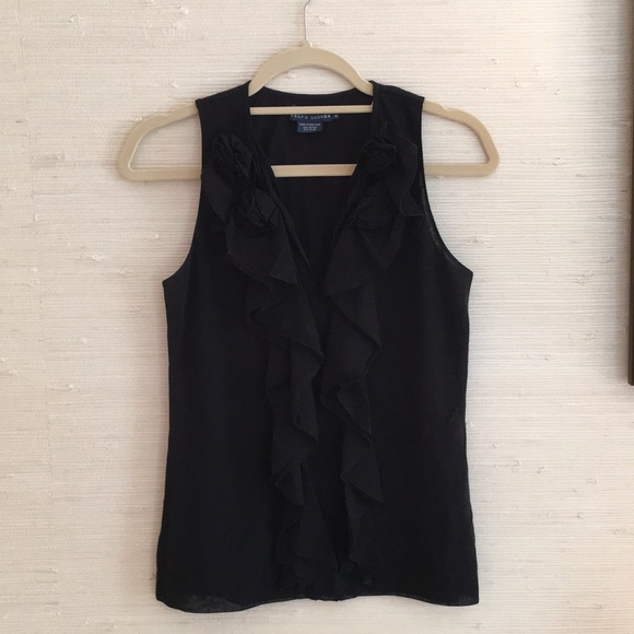 Ralph Lauren Black Sleeveless Ruffle V-neck Top - Picture 3 of 8